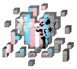 A cement brick wall in the shape of an angular heart, with other pieces of the wall scattered around it, as if the wall has come apart in space and it's pieces are floating in the air. On the wall are stripes of paint, going straight down from top to bottom, in the colors of the transgender pride flag: from left to right,  light blue, light pink, white, another light pink, and another light blue. These colors extend to some of the floating pieces, as brush strokes and paint splatters. Superimposed over the stripes is a graffiti stencil style image of a statue featuring Aphrodite, Pan, and a winged erote on the right side of the heart. On the top left side is a superimposed image of a magnolia flower.